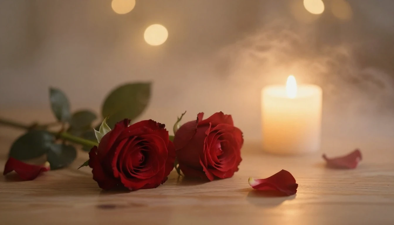 A soft and ethereal scene featuring two delicate red roses l...