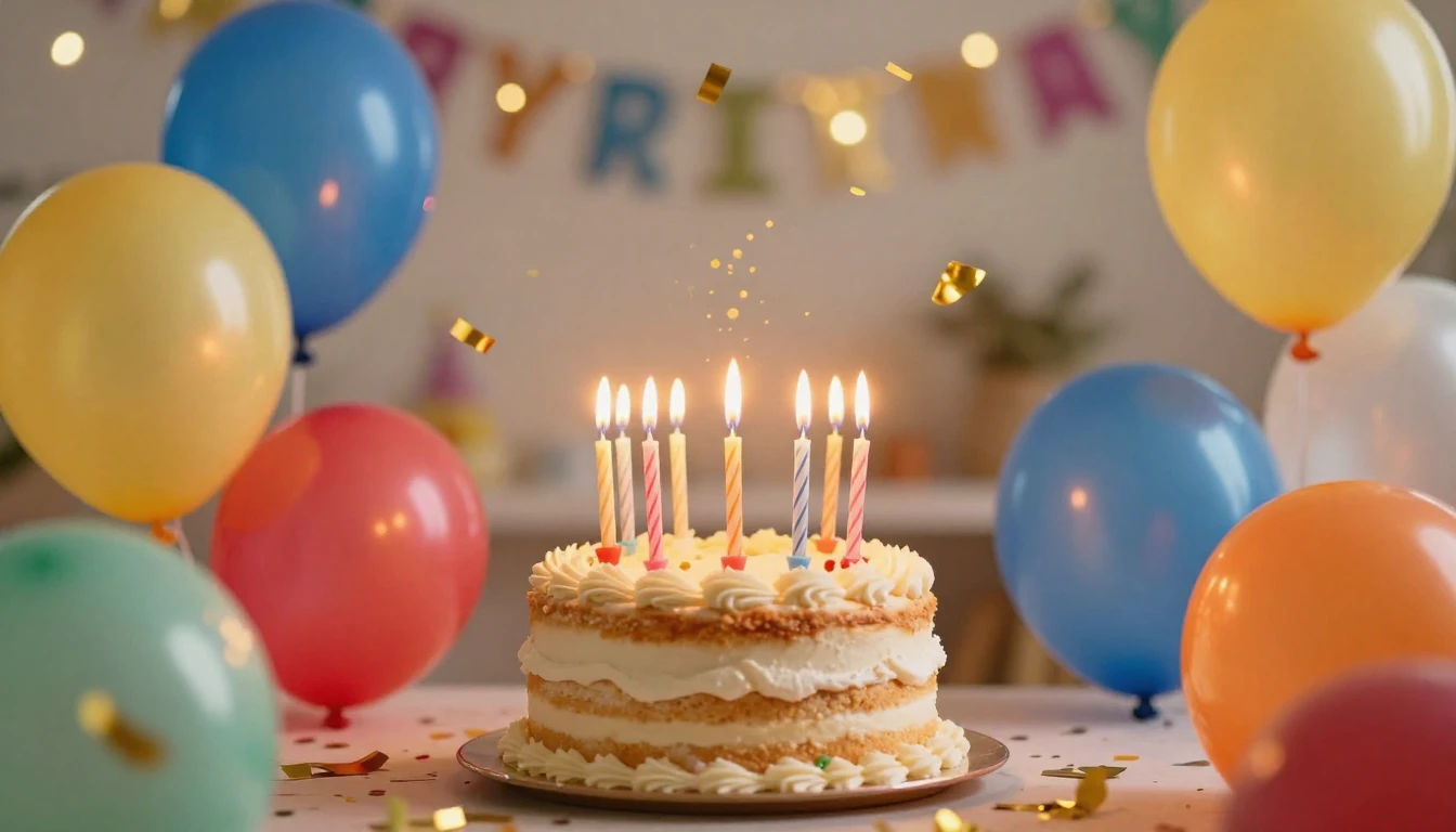 A vibrant and festive birthday celebration scene featuring a...