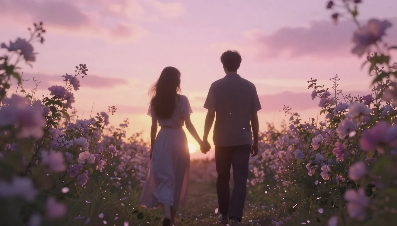 A dreamy and ethereal scene featuring two silhouettes walkin...