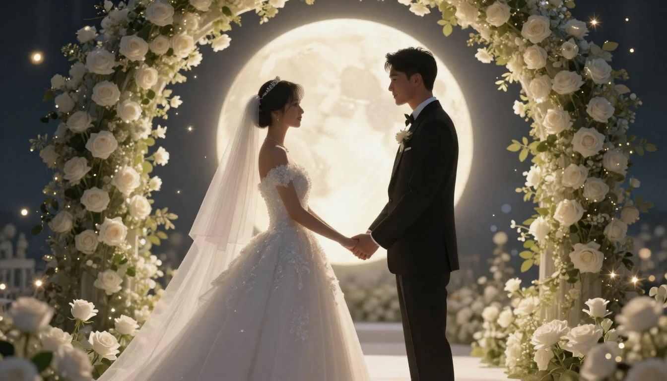 A romantic and elegant wedding scene, digital art style, sil...