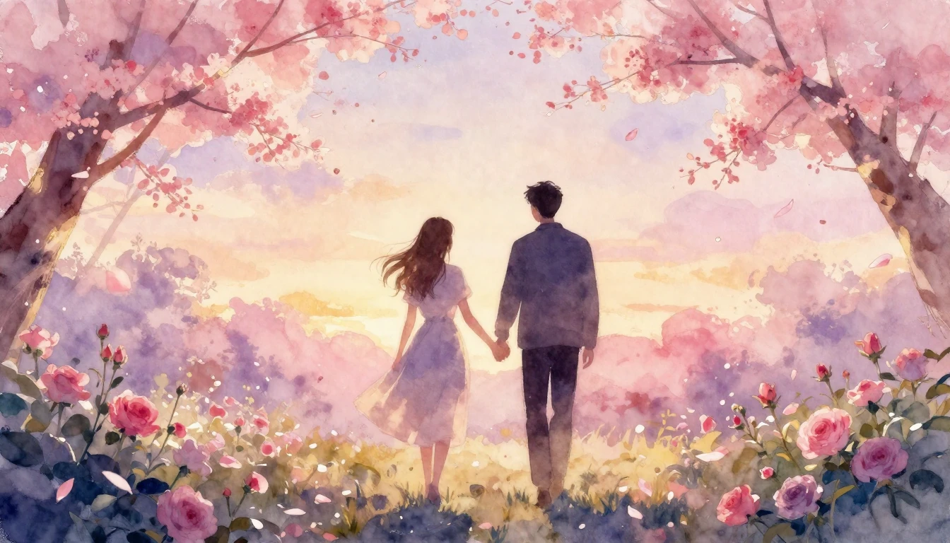A dreamy watercolor painting of two silhouettes walking hand...