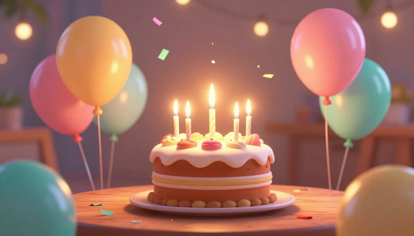 A warm and joyful 3D animated style scene celebrating a birt...