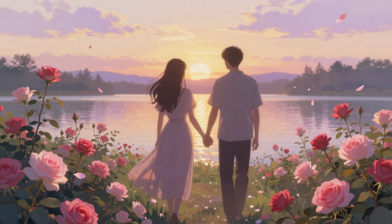 A dreamy and ethereal scene featuring two silhouettes walkin...