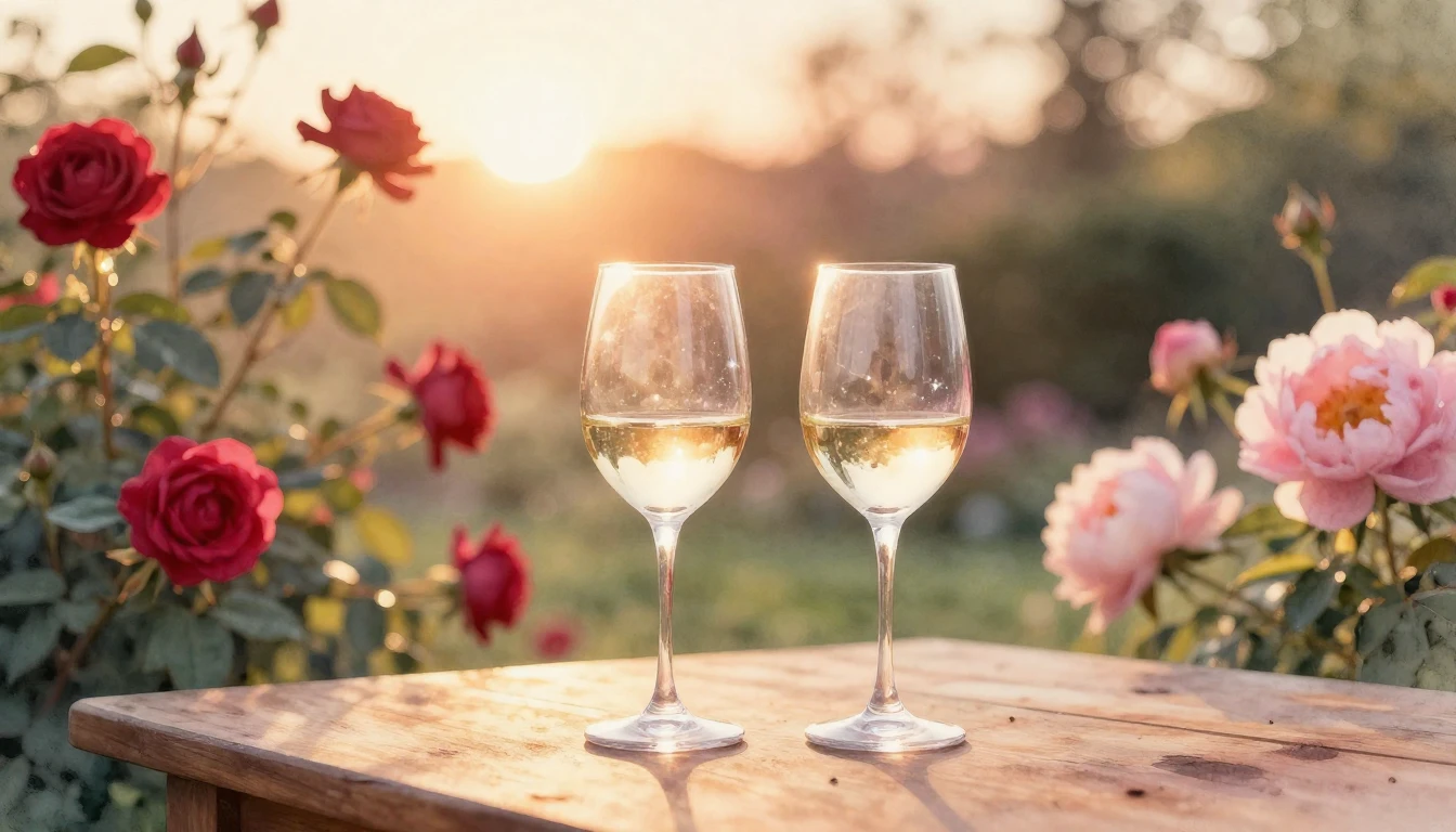 A soft watercolor painting of two elegant wine glasses sitti...