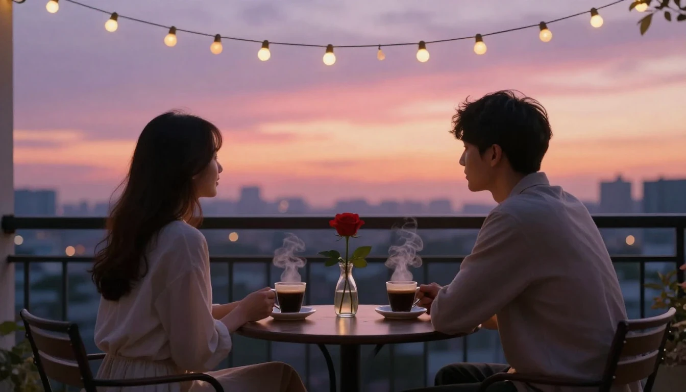 A romantic scene of a couple sitting at a small round table ...