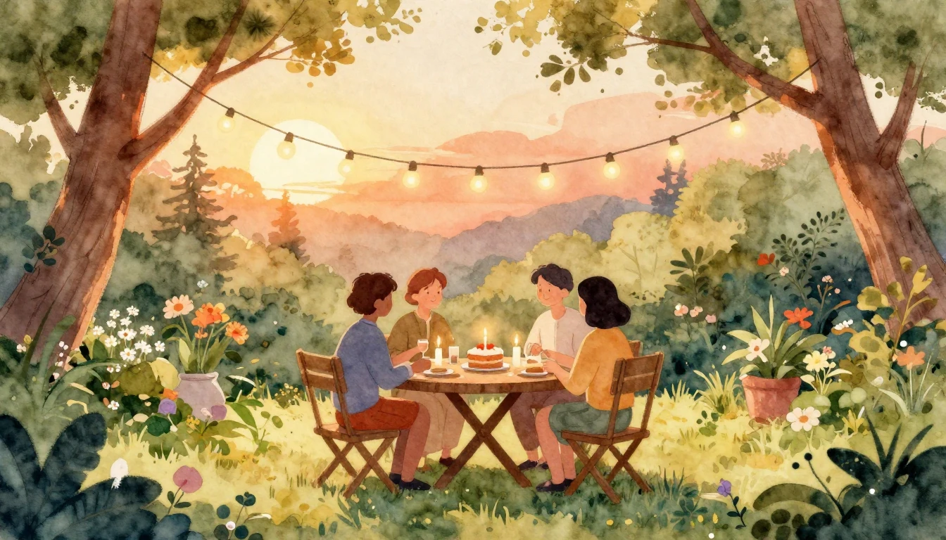 A beautiful watercolor illustration of a cozy outdoor garden...