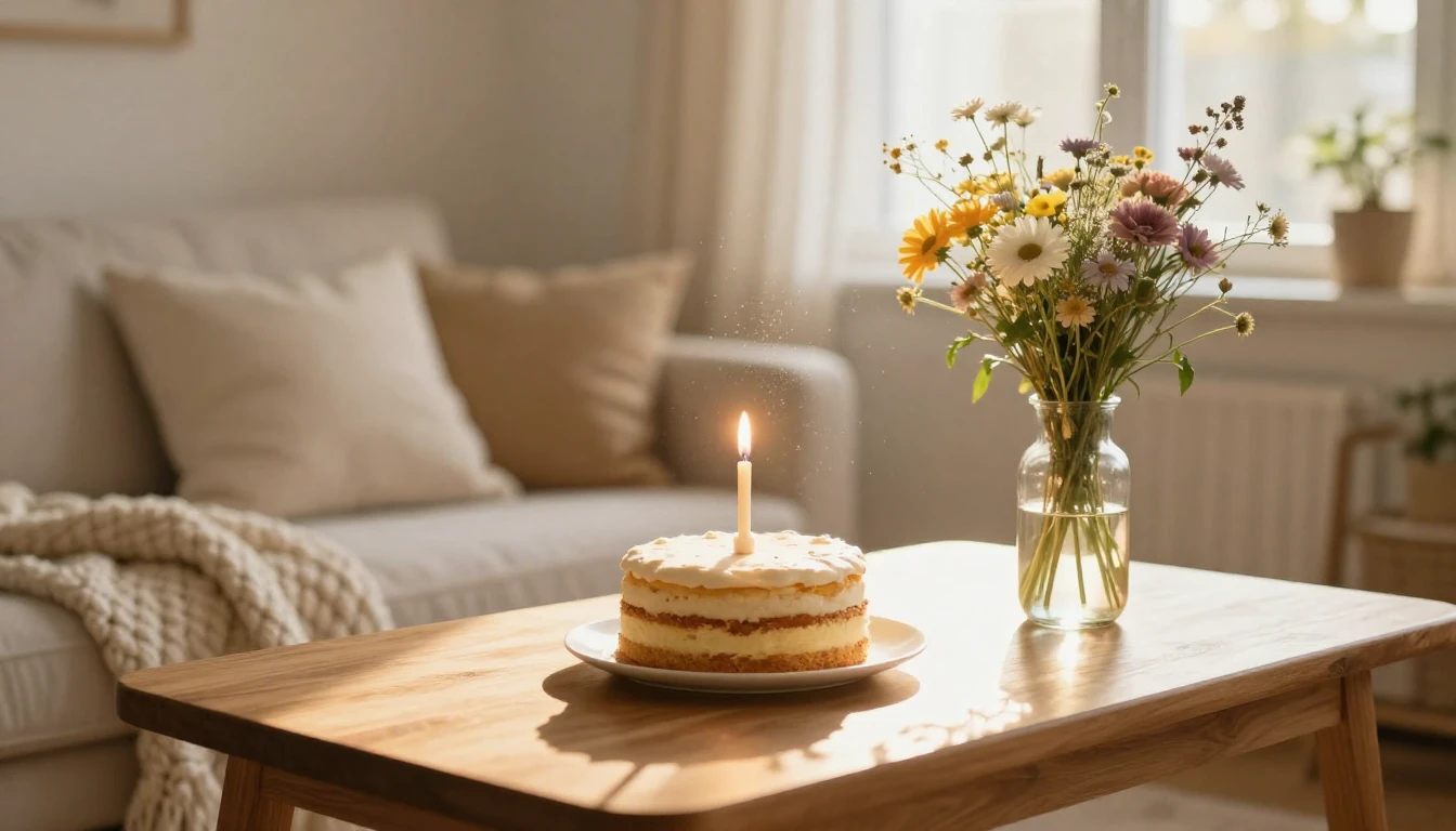 A cozy indoor scene featuring a wooden table decorated with ...
