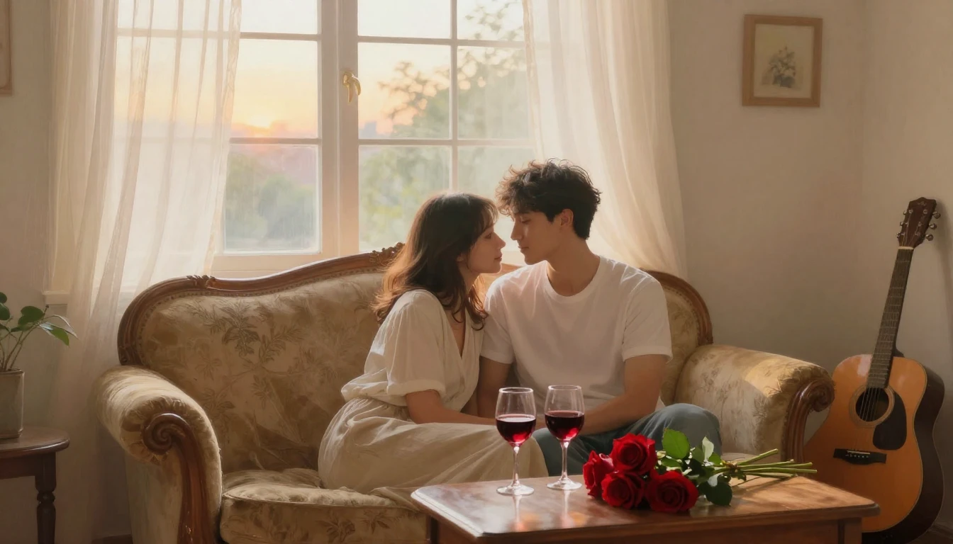 A romantic and intimate scene of a couple sitting comfortabl...