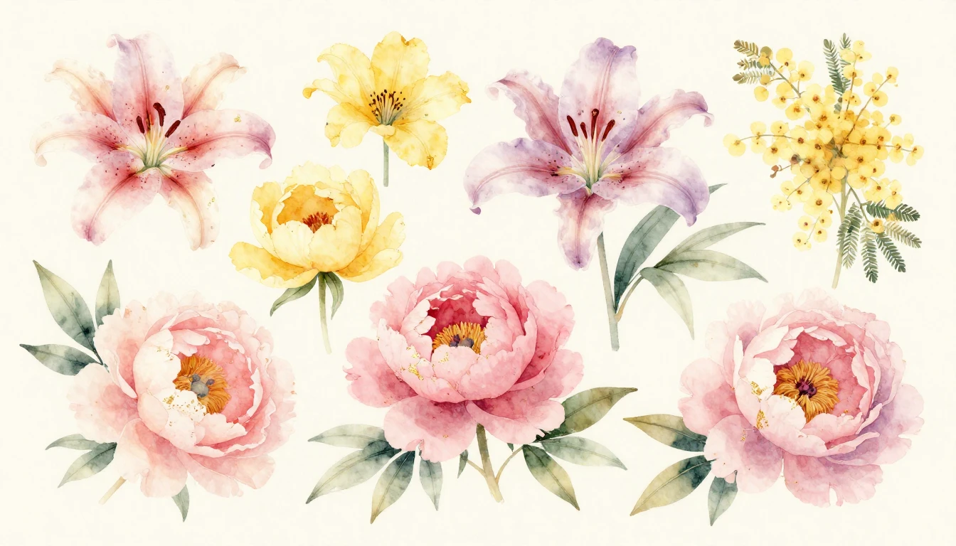 A beautiful watercolor painting of various blooming flowers ...