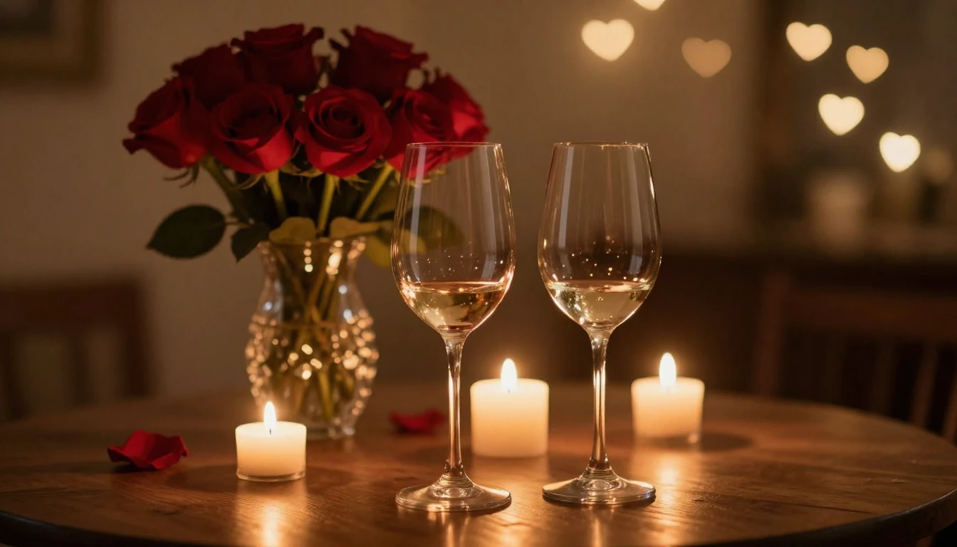 A serene and romantic scene featuring two elegant wine glass...