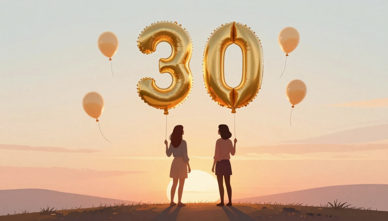 A warm and nostalgic illustration celebrating a 30th birthda...