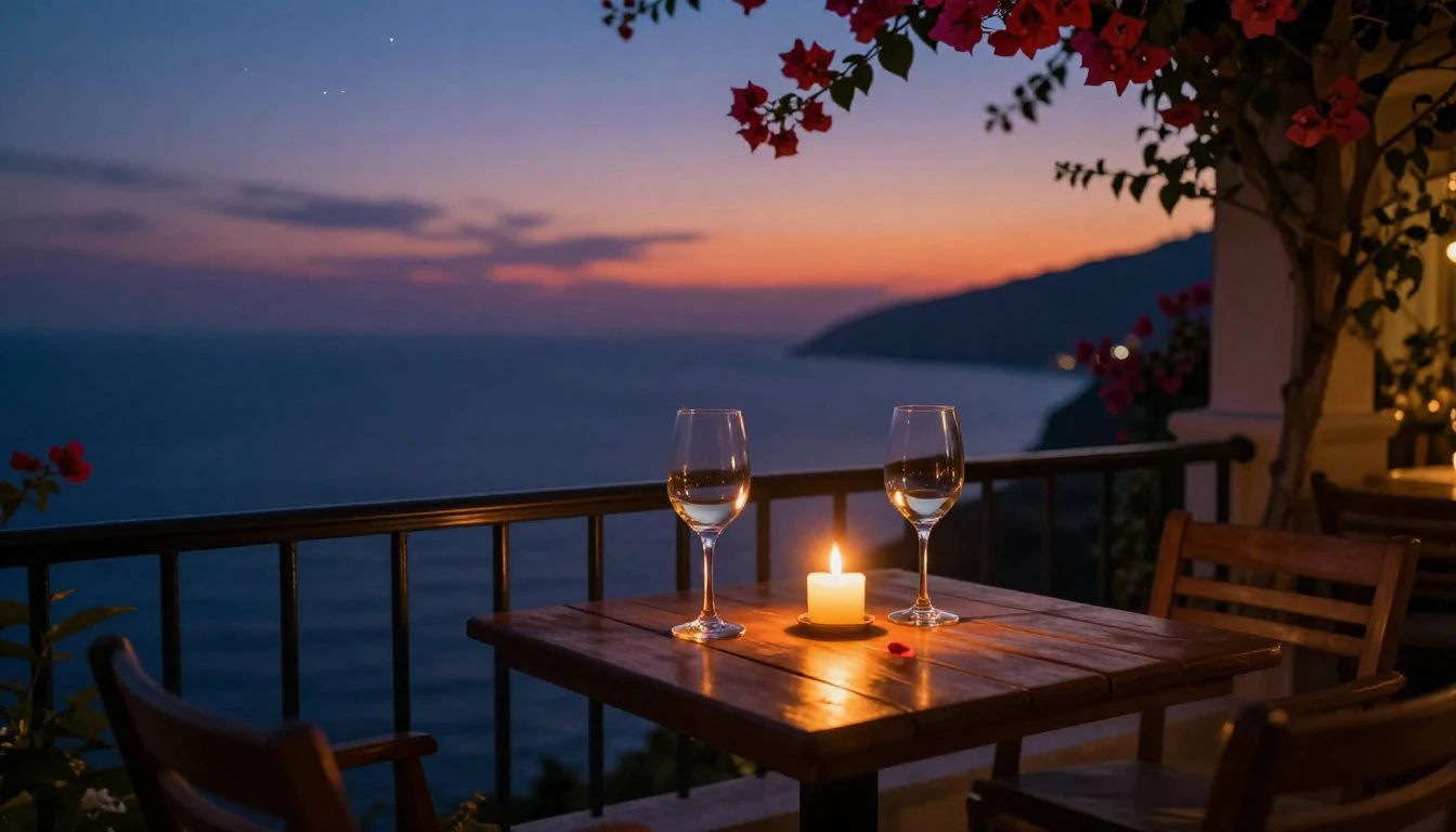 A cozy, dimly lit balcony overlooking a Mediterranean coastl...