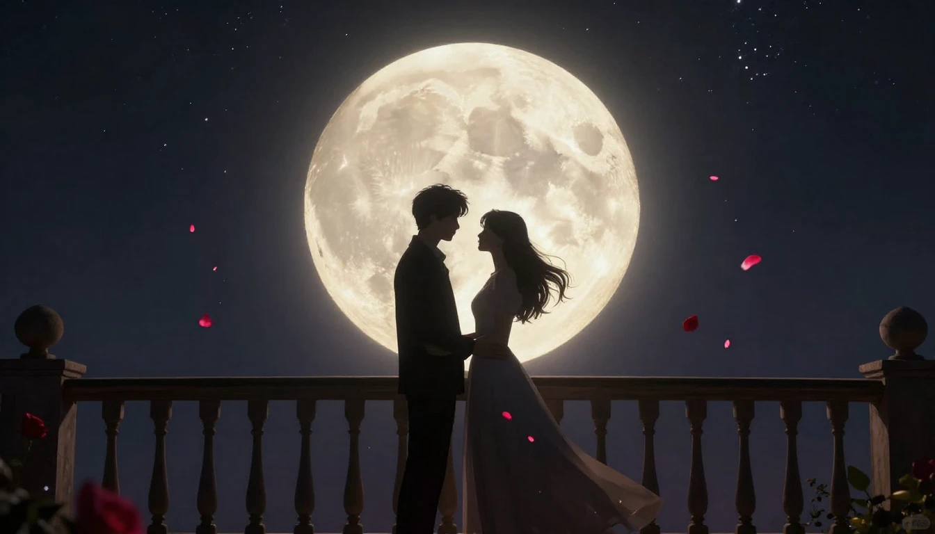 A romantic cinematic scene featuring a couple standing on a ...