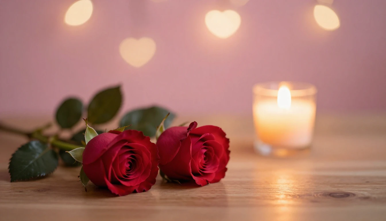 A serene and romantic scene featuring two delicate red roses...