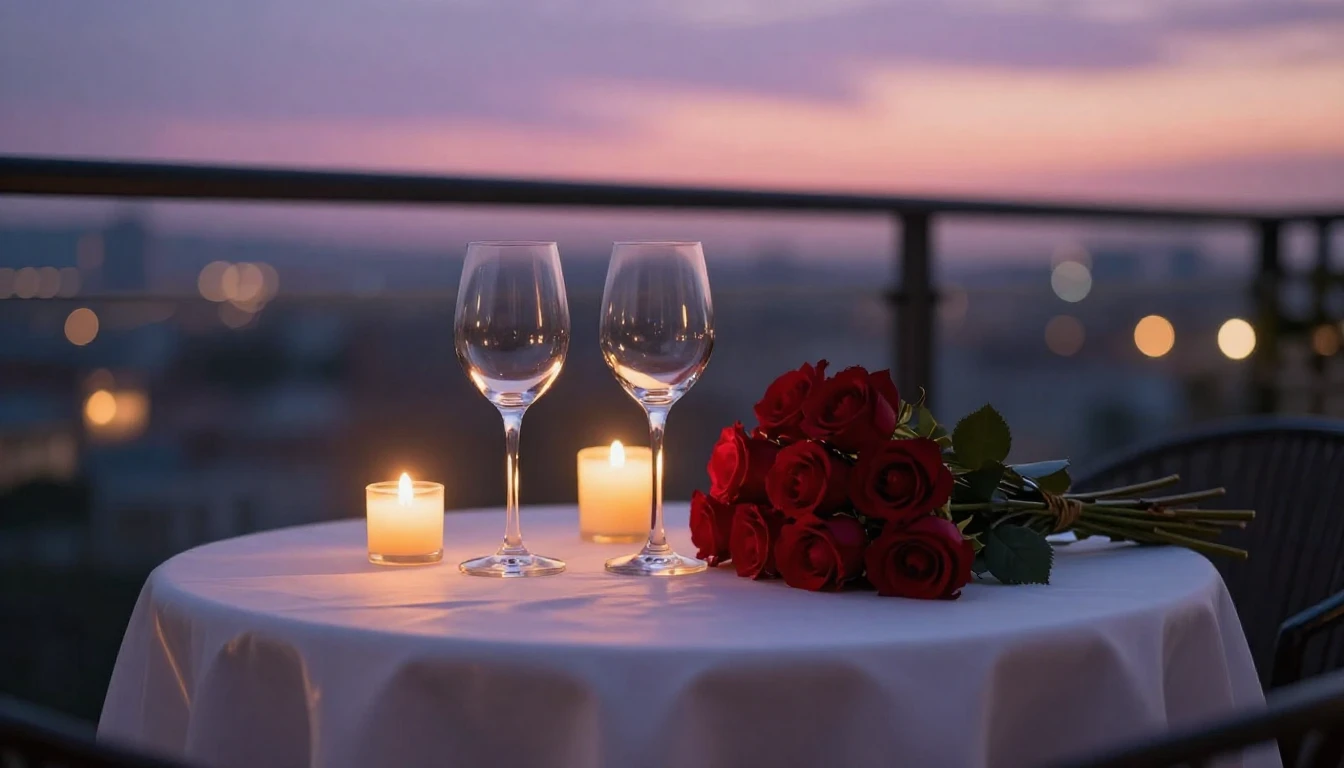 A romantic candlelit dinner setting on a balcony overlooking...