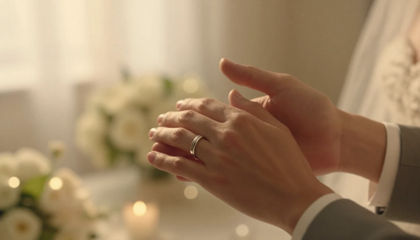 A cinematic close-up shot of a newlywed couple's hands gentl...