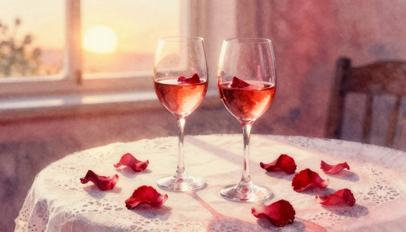 A soft watercolor painting of two elegant wine glasses sitti...