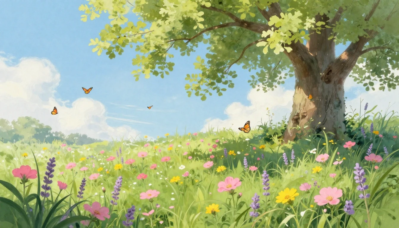 A lush meadow filled with blooming wildflowers in shades of ...