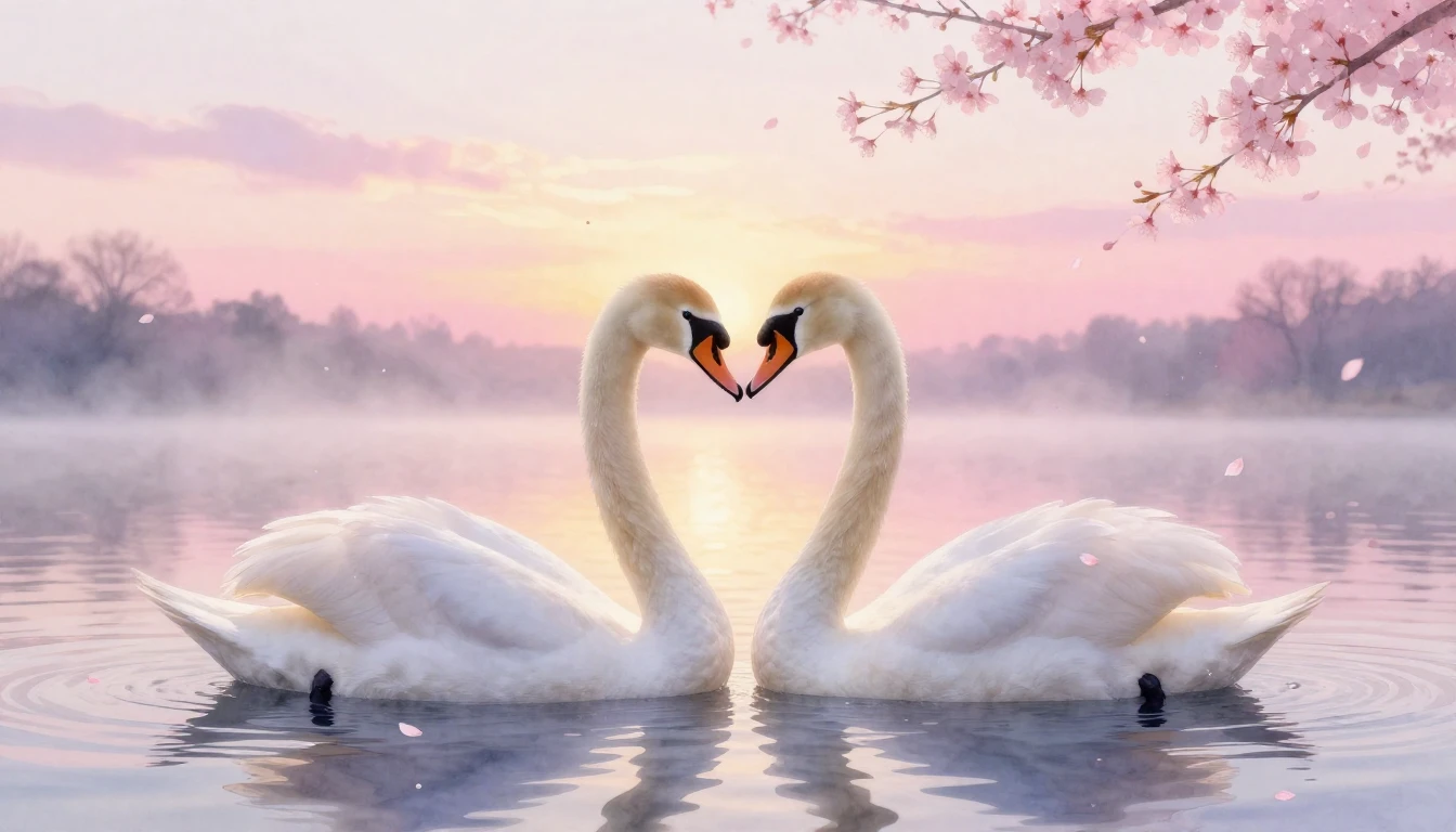 A dreamy watercolor painting of two elegant swans forming a ...