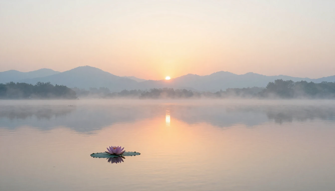 A serene landscape at dawn, featuring a soft sunrise over a ...