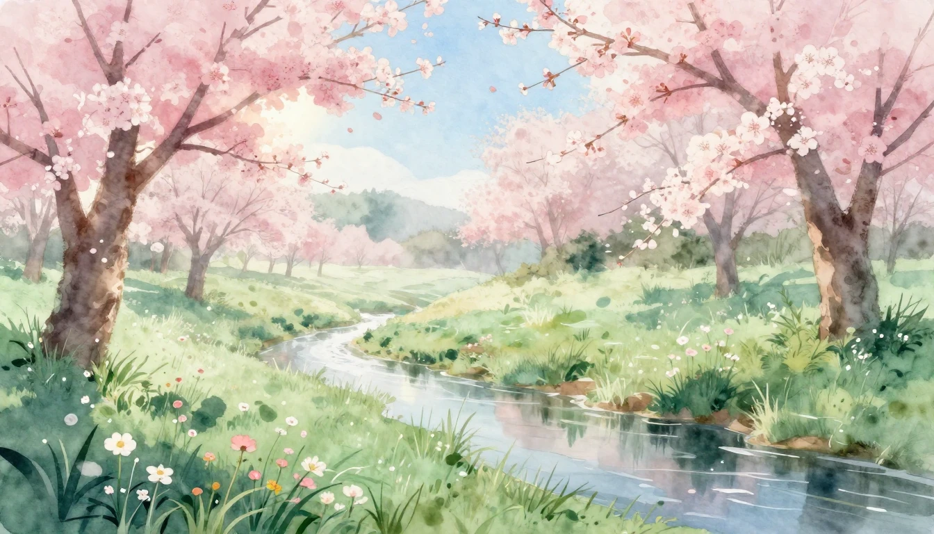 A serene watercolor painting of a lush spring meadow at dawn...