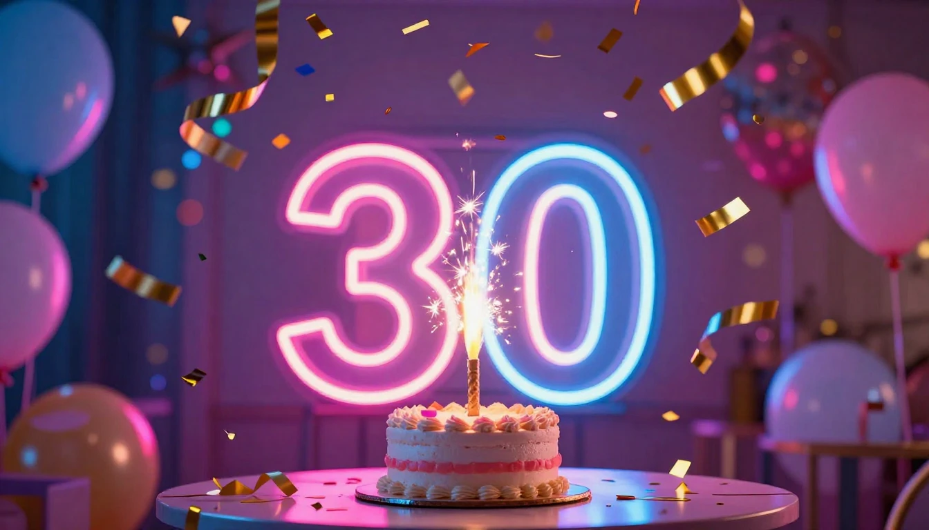 A vibrant and colorful birthday party scene celebrating a 30...