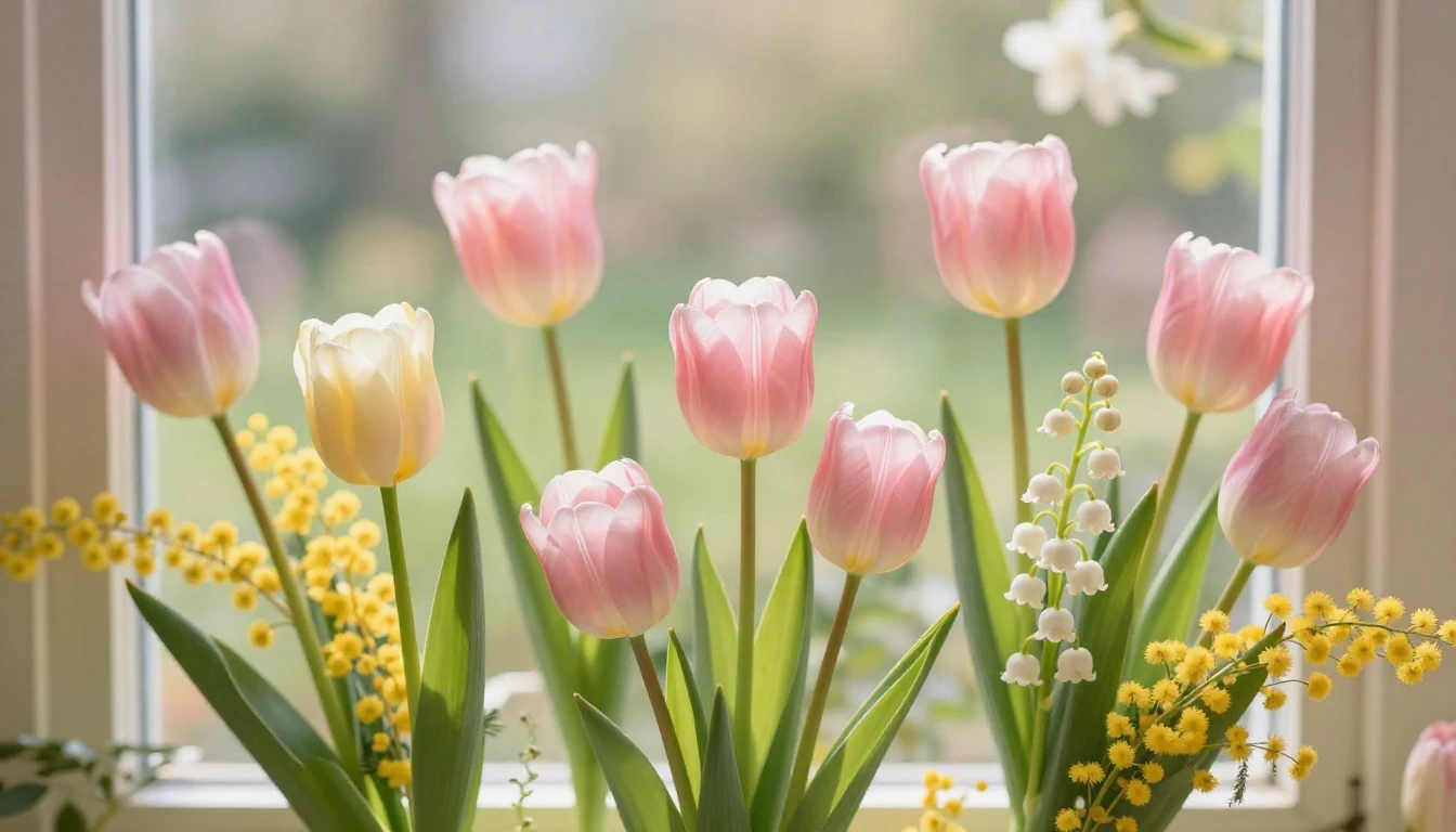 A beautiful and delicate composition of spring flowers like ...
