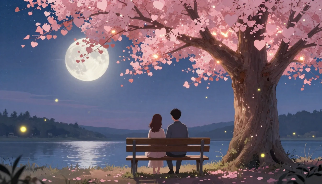 A romantic and magical illustration of a couple sitting on a...