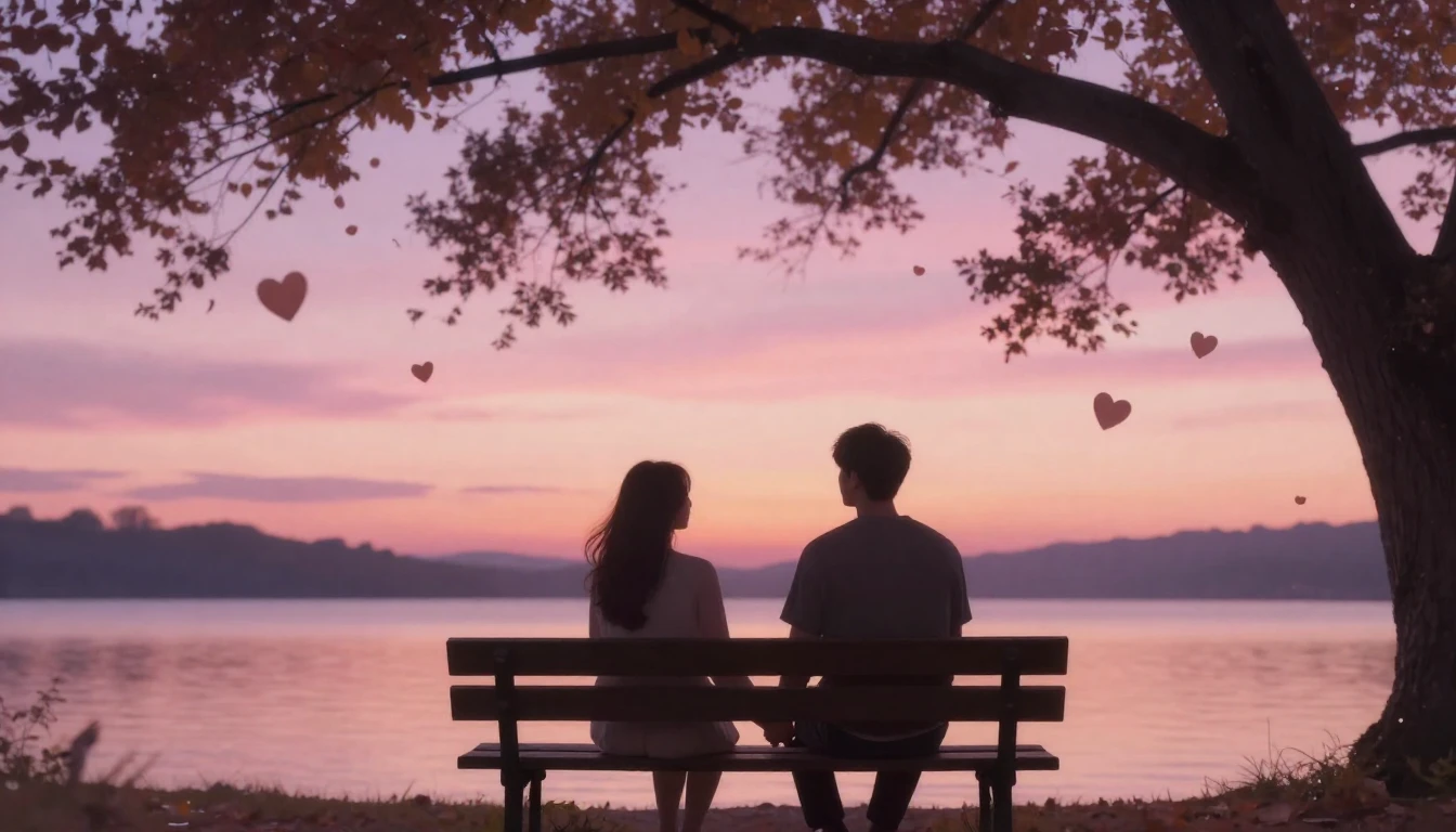 A romantic and soft composition featuring two silhouettes ho...