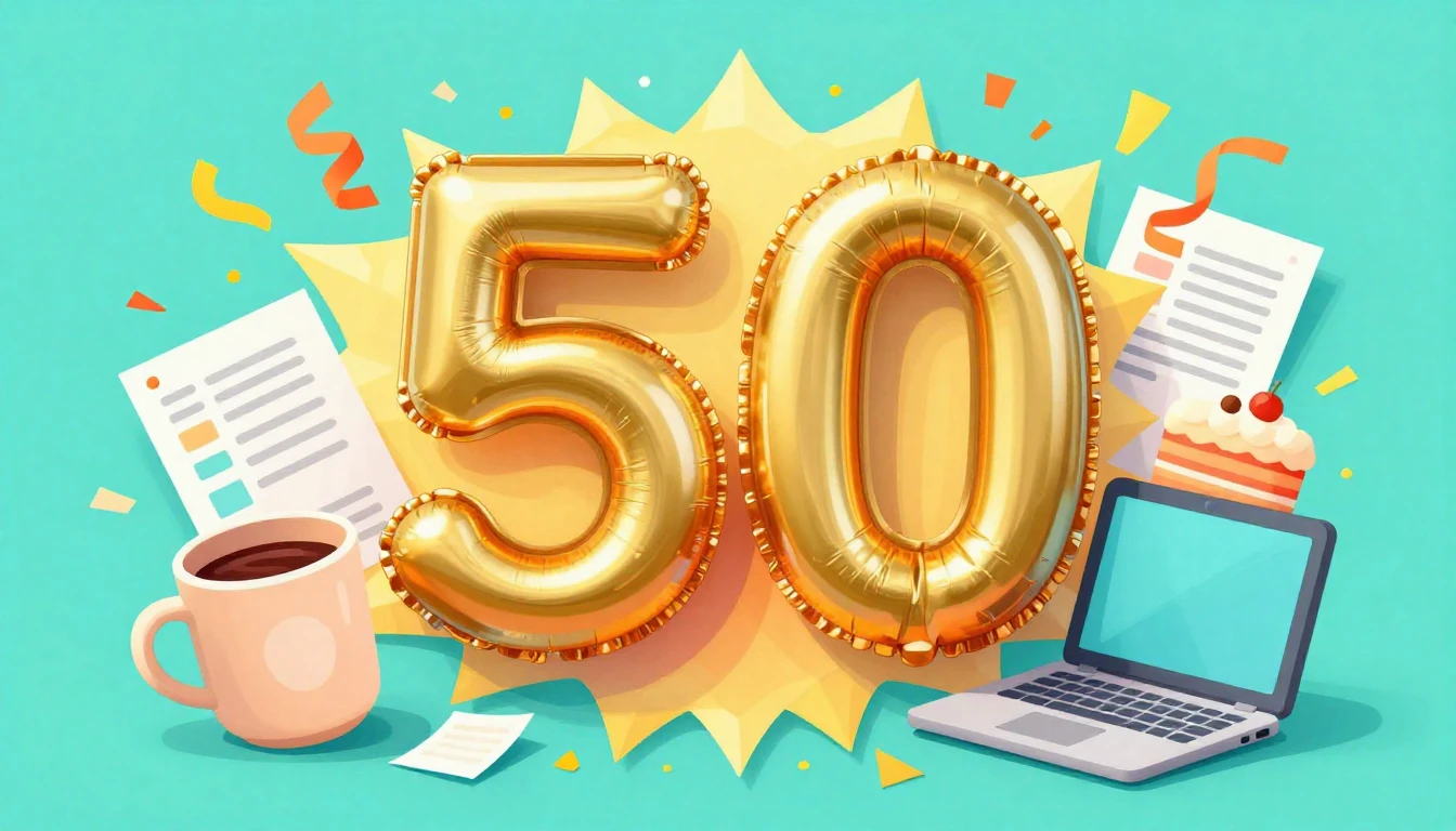 A vibrant and festive illustration celebrating a 50th birthd...