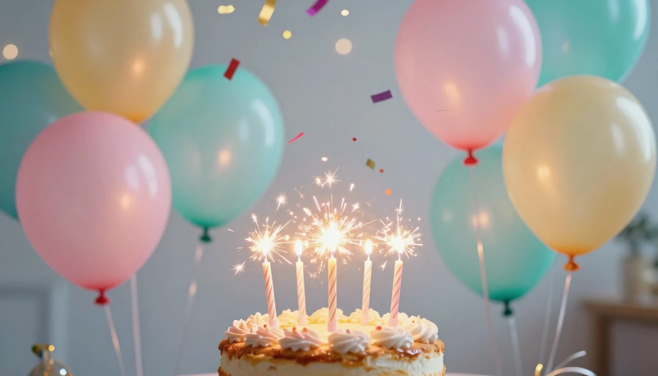 A vibrant and festive birthday scene featuring a delicious c...