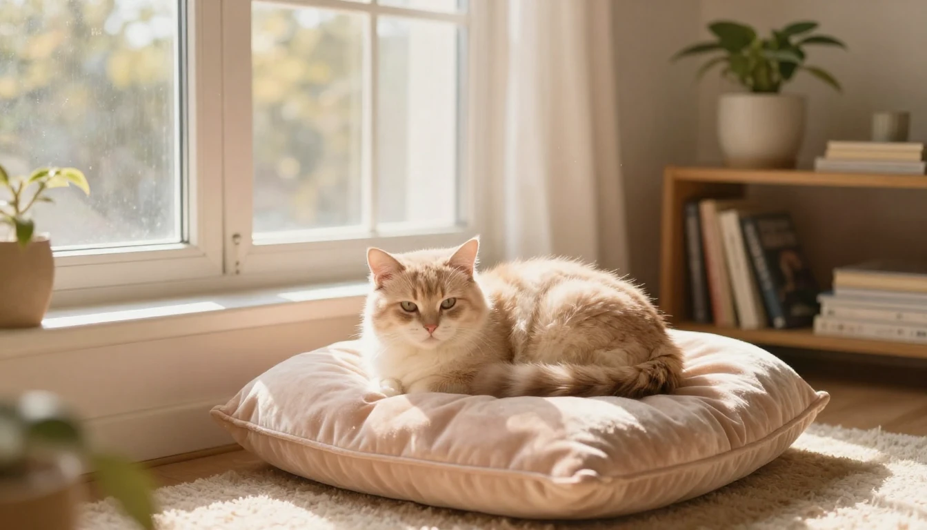 A cozy sunlit living room with a soft, fluffy cat curled up ...