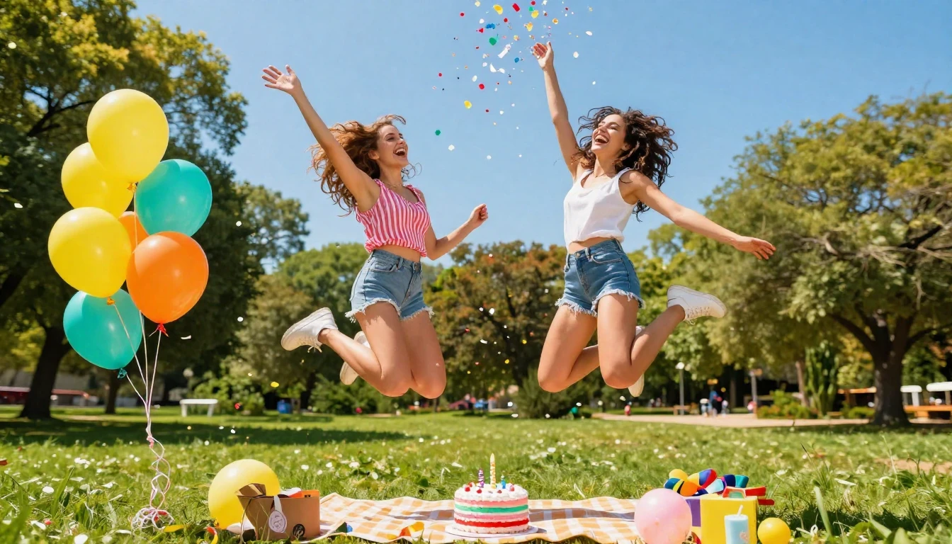 A vibrant and cheerful birthday party scene outdoors in a su...