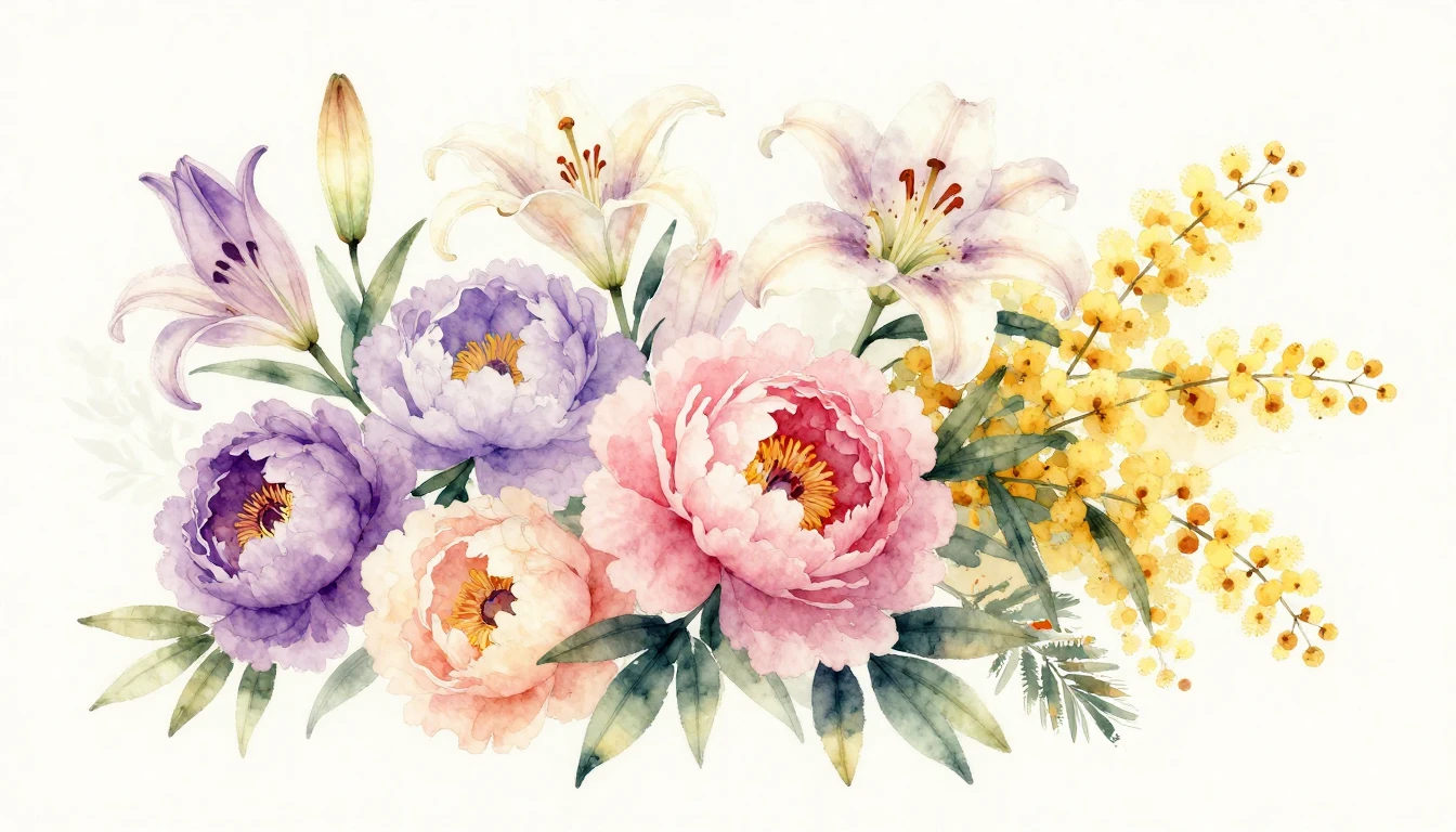 A beautiful watercolor painting featuring a variety of bloom...