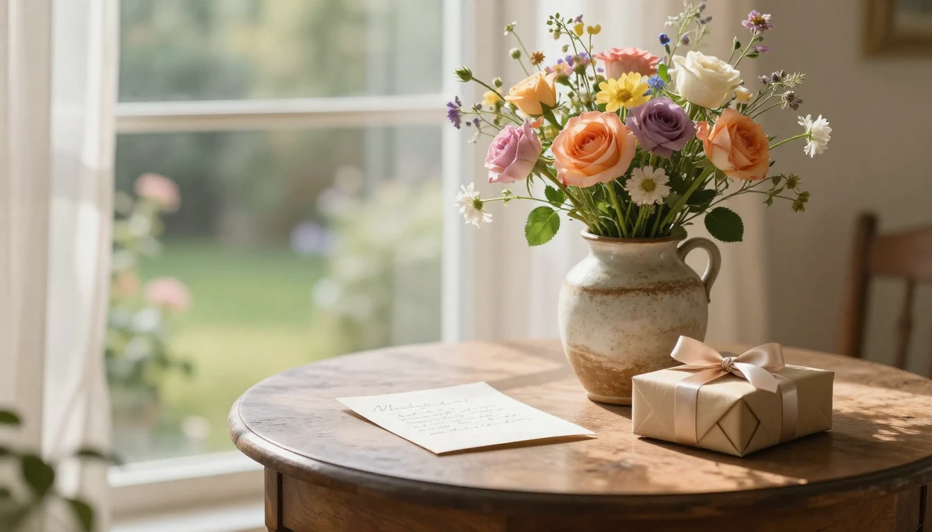 A soft and elegant composition featuring a vintage wooden ta...