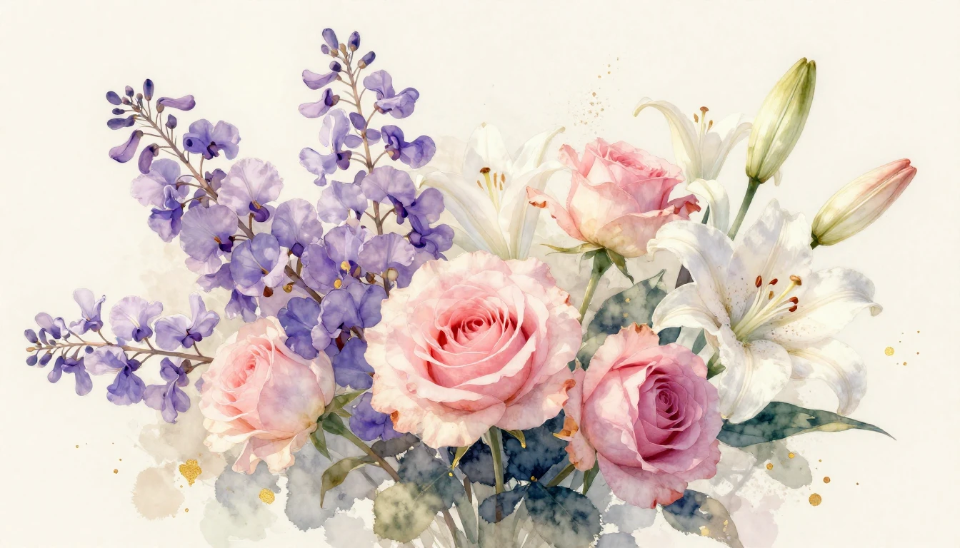 A beautiful and delicate watercolor painting of various bloo...