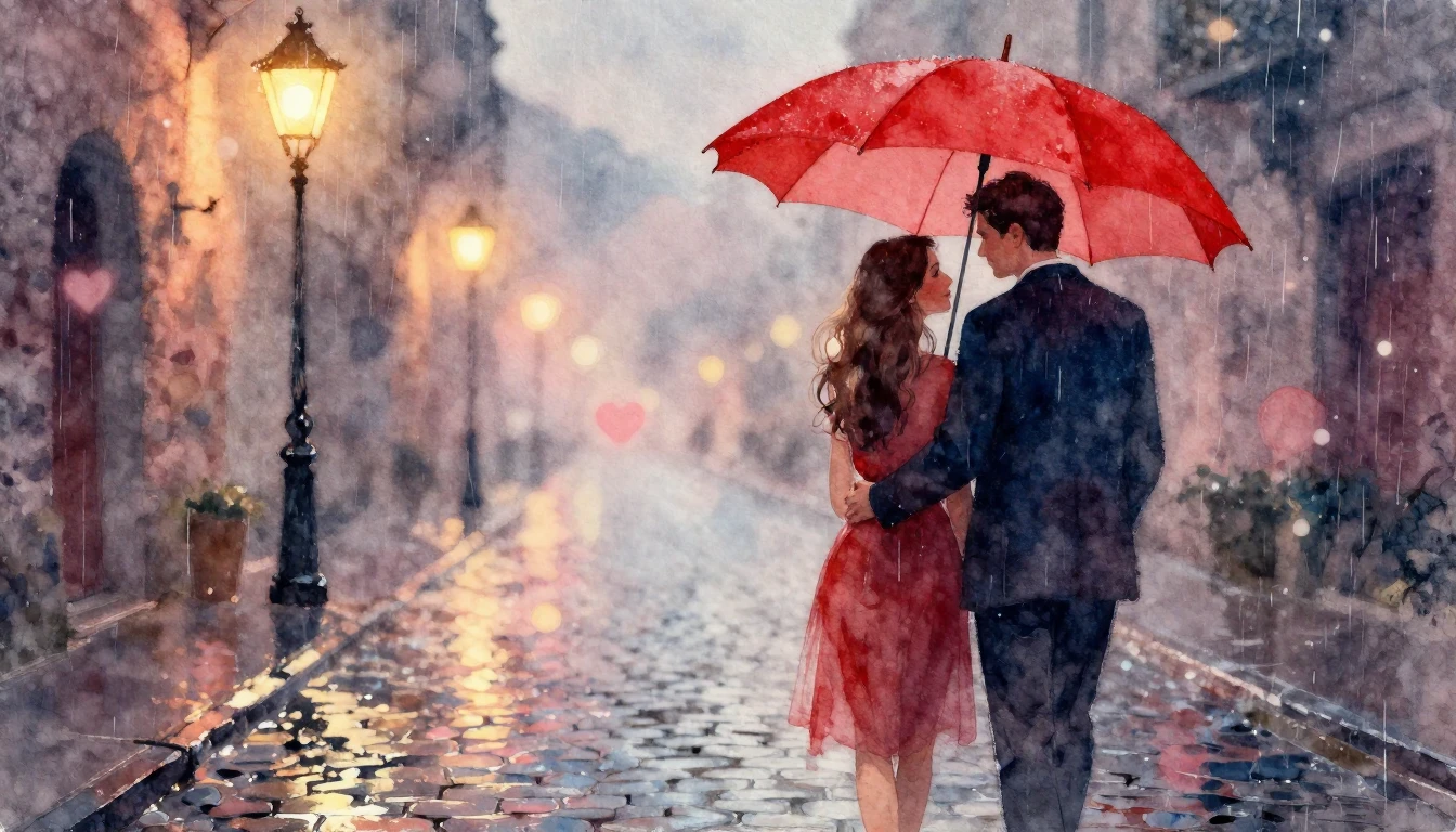 A romantic watercolor painting of a couple holding hands und...