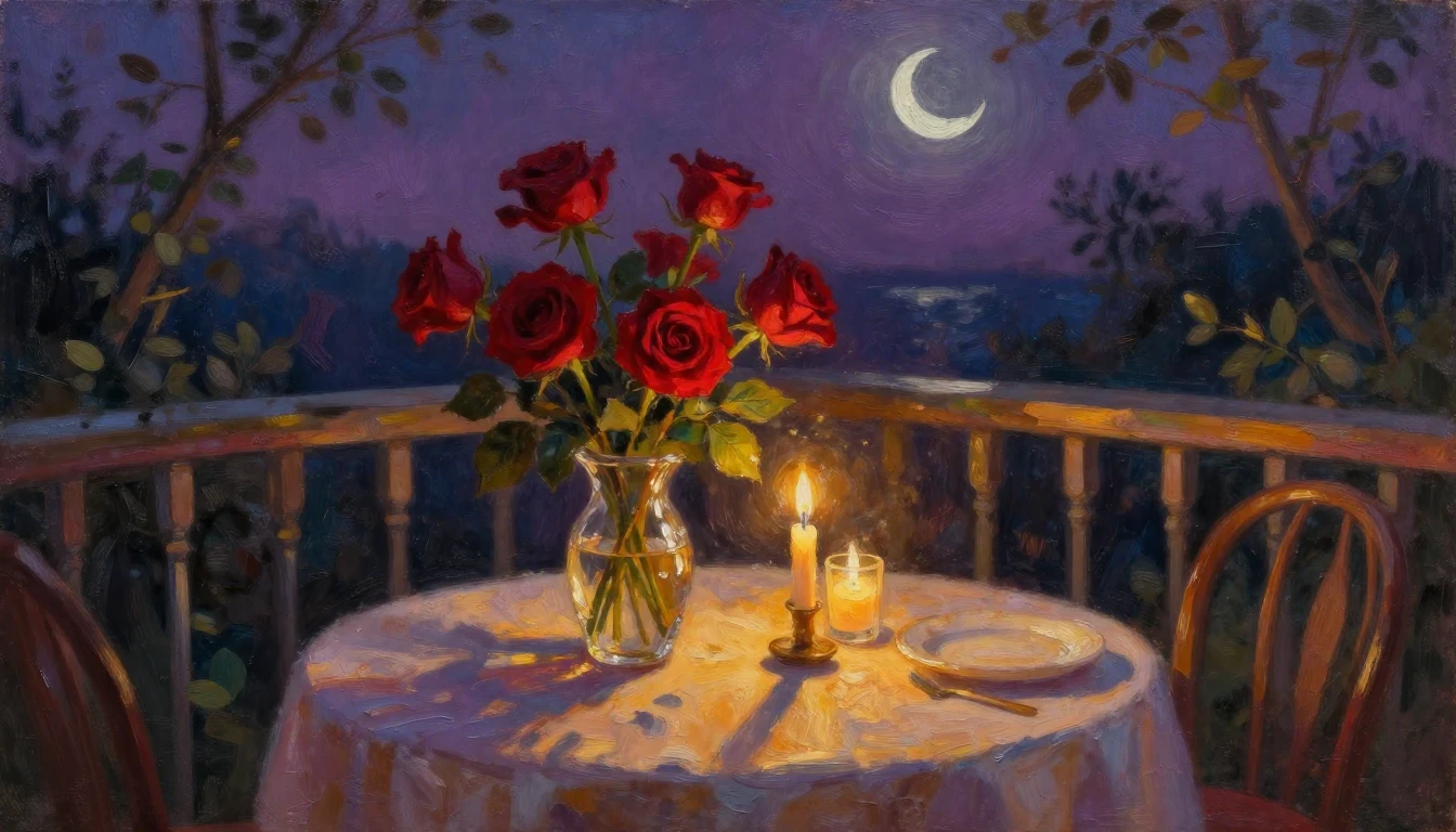 An exquisite oil painting of a candlelit table set for two o...