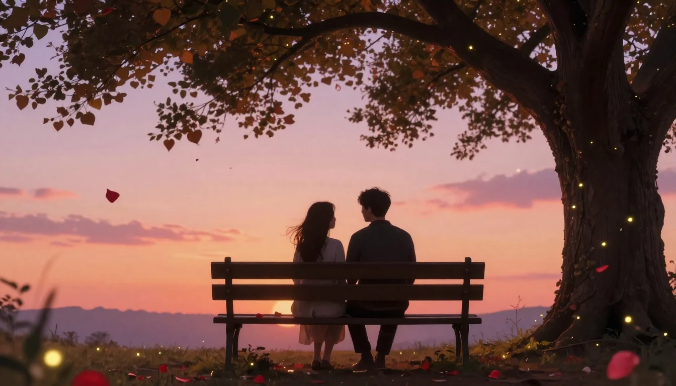 A romantic scene depicting a silhouette of a couple sitting ...