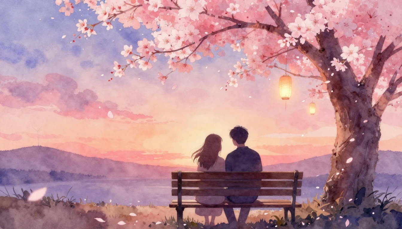 A soft watercolor painting of two silhouettes sitting closel...