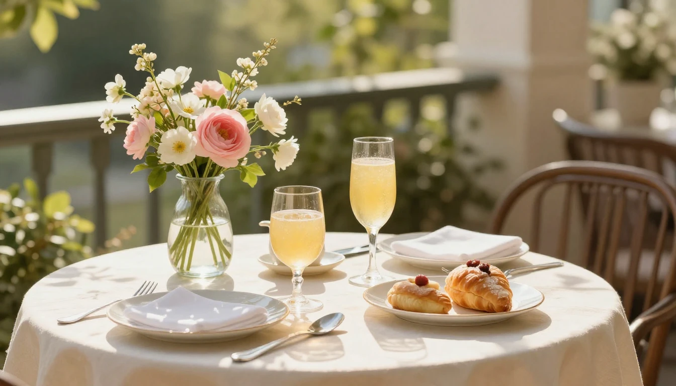 A beautifully set brunch table on a sun-drenched terrace. Th...