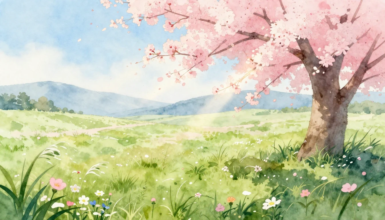 A delicate watercolor painting of a lush spring meadow. Soft...