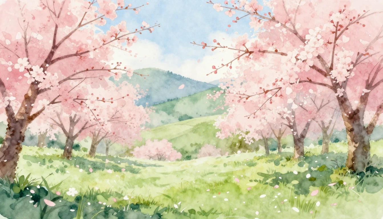 A delicate watercolor painting of a lush spring garden in fu...