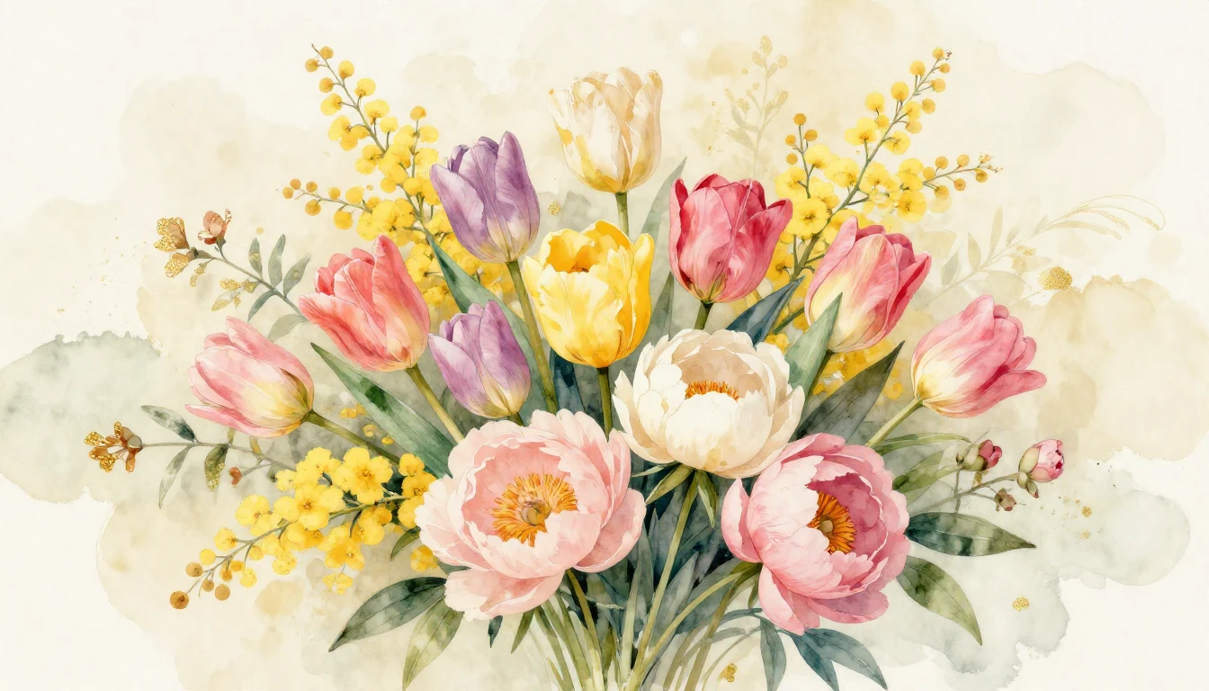 A beautiful and vibrant watercolor painting of a lush bouque...