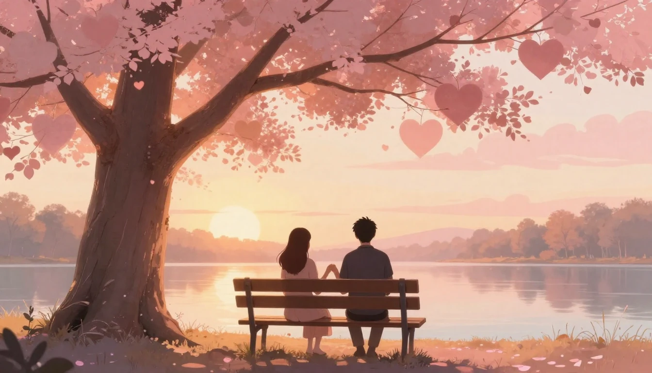 A romantic, soft composition featuring two silhouettes sitti...