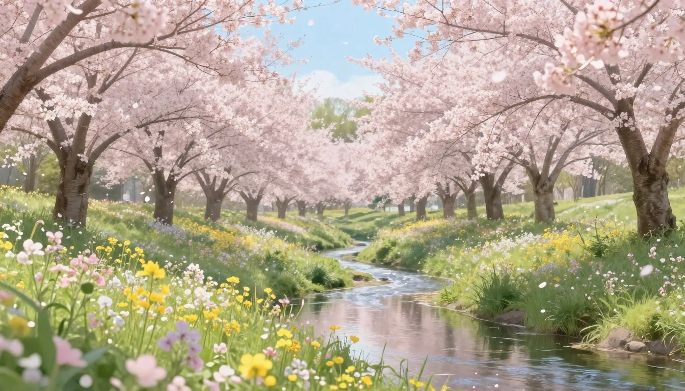 A serene landscape capturing the essence of spring. A lush m...