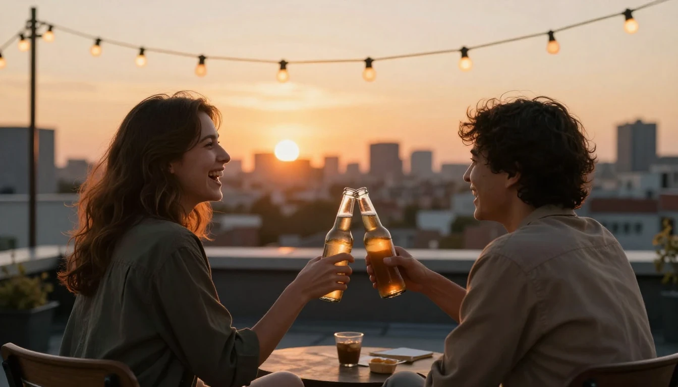 A warm and nostalgic scene of two friends sitting on a rooft...