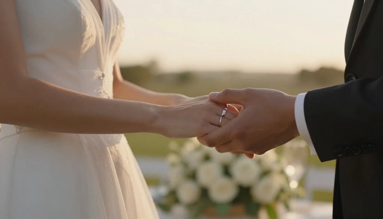 A romantic close-up scene of a bride and groom holding hands...
