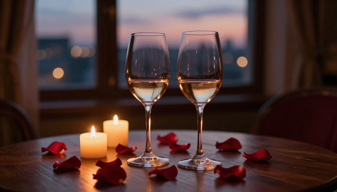 A breathtakingly romantic scene featuring two elegant wine g...