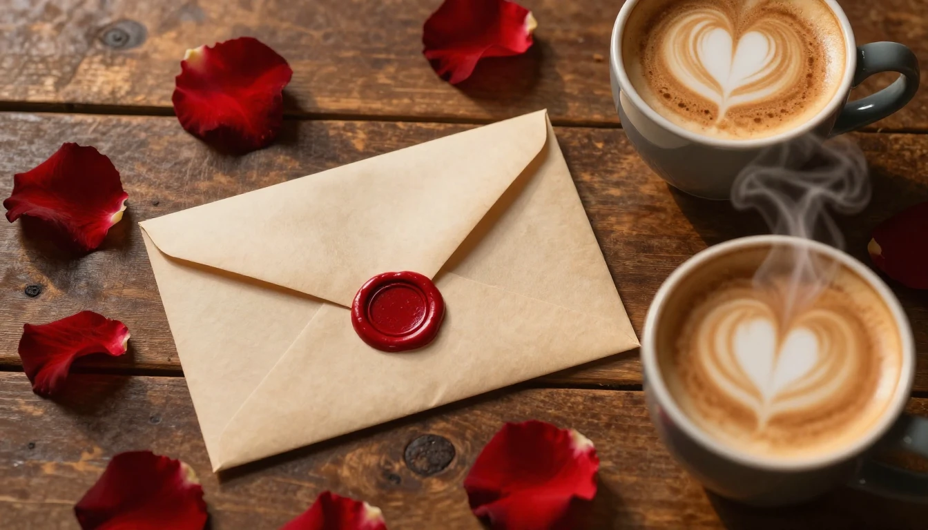 A close-up, top-down view of a rustic wooden table. On the t...